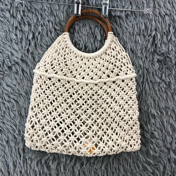 Crossi Purse Beige Boho Wood Double Handle Macrame Hand Bag - Picture 1 of 7